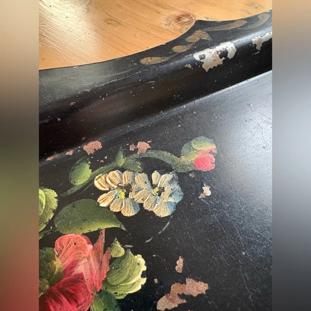 Vintage Toleware Hand Painted Red Rose Floral Black Decorative Tray